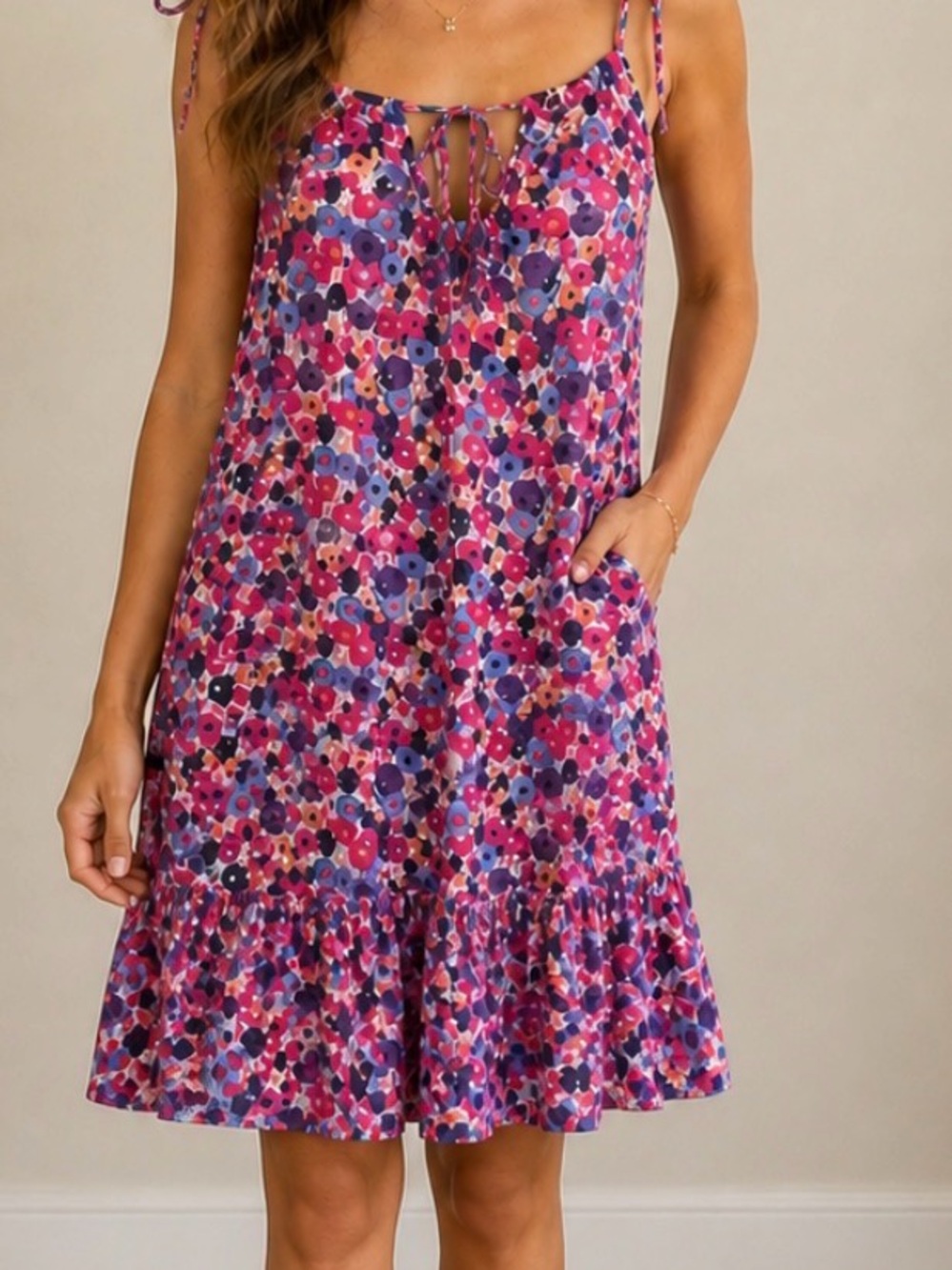 Floral Tie-Shoulder Midi Dress in Pink and Purple